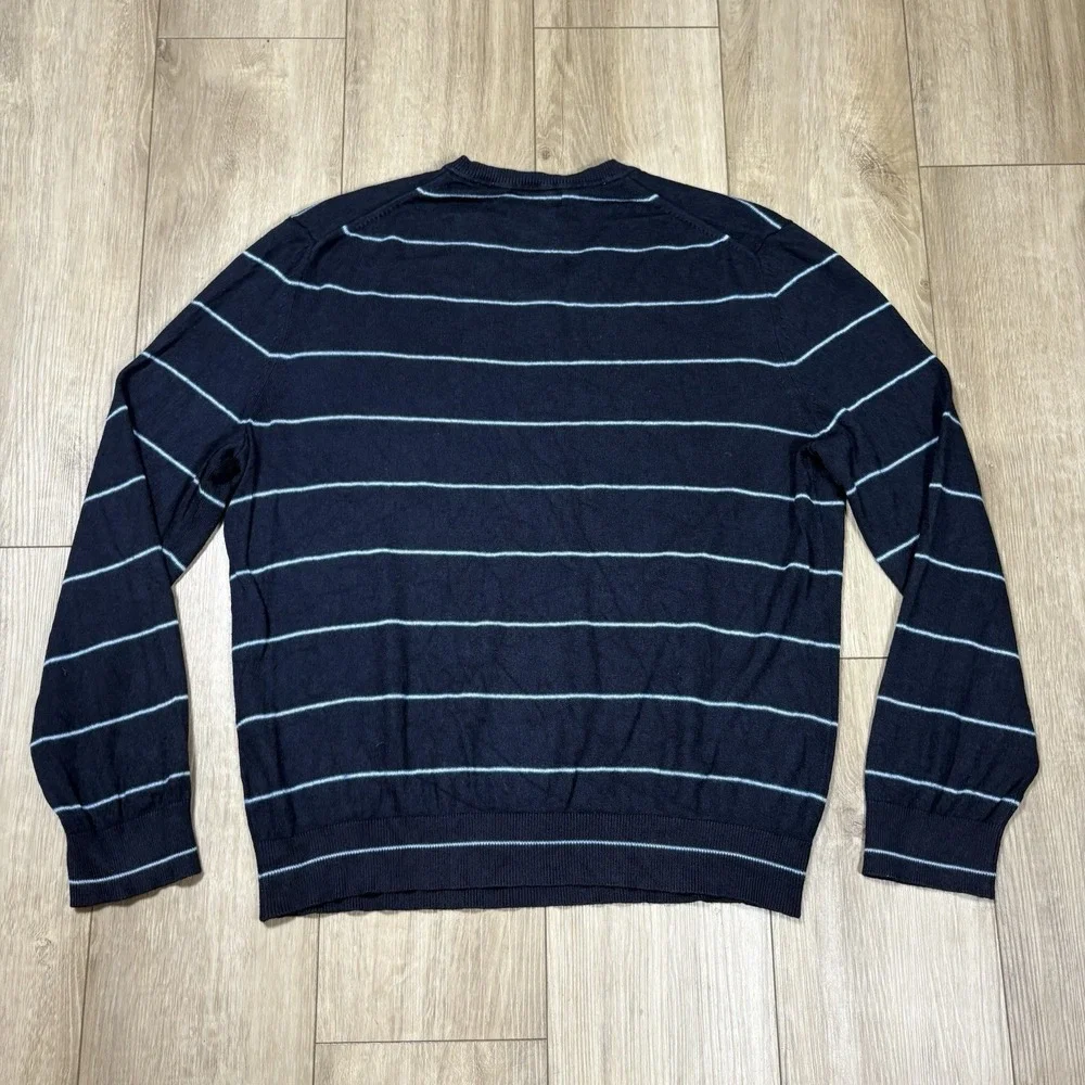 Banana Republic Stripe V-Neck Sweater Silk Cashmere Long‎ Sleeve Navy Blue XL